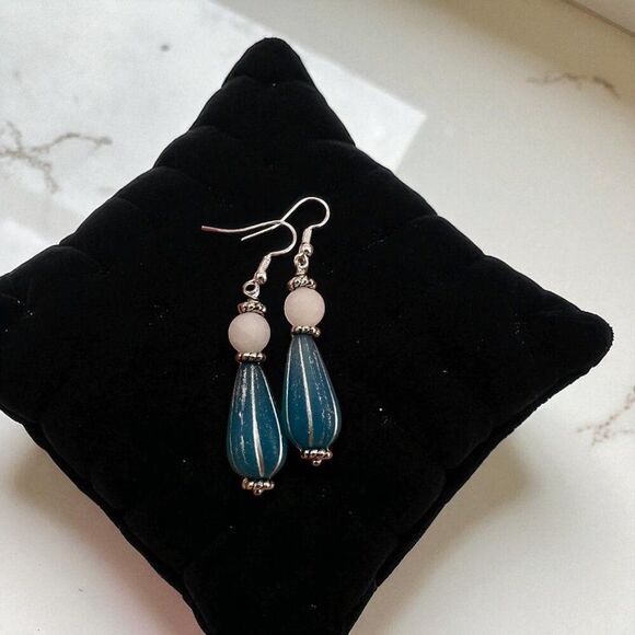 Blue Melon Teardrop & White Jade Earrings Czech Glass 925 Sterling Silver - Picture 8 of 10